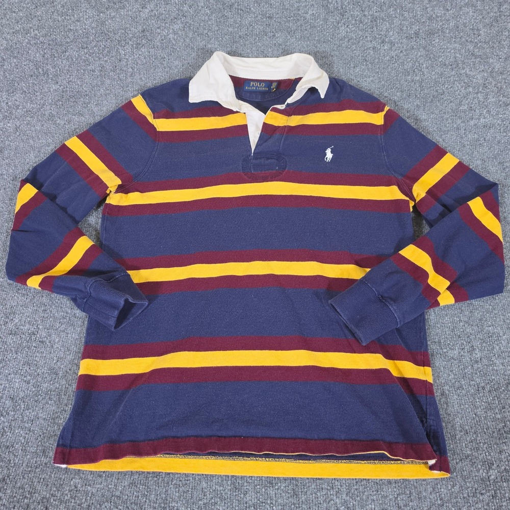 2000s Kanye Polo Ralph Lauren Mens Medium Rugby Shirt Navy Blue Burgundy Yellow